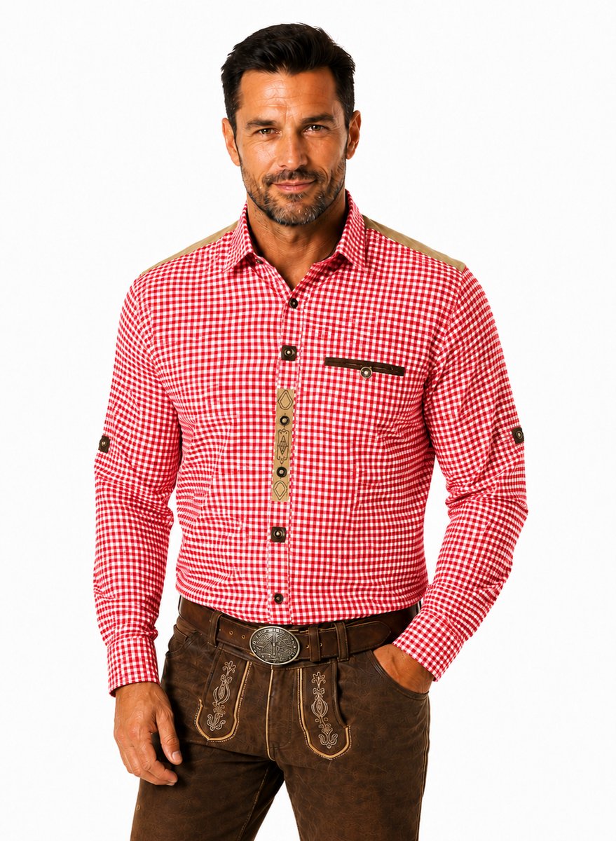 Tannhauser Trachtenhemd Alpenkraft Oktoberfest Overhemd Oktoberfest heren Carnavalskleding Heren voor bij Lederhosen Man - Katoen-Viscosemix - Rood - Maat XL