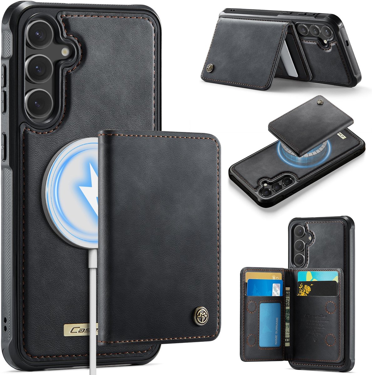 CaseMe Hoesje - Geschikt voor Samsung Galaxy S26 FE / S25 FE Hoesje - CaseMe ME80 Leather Back Cover - MagSafe Kaarthouder - Zwart