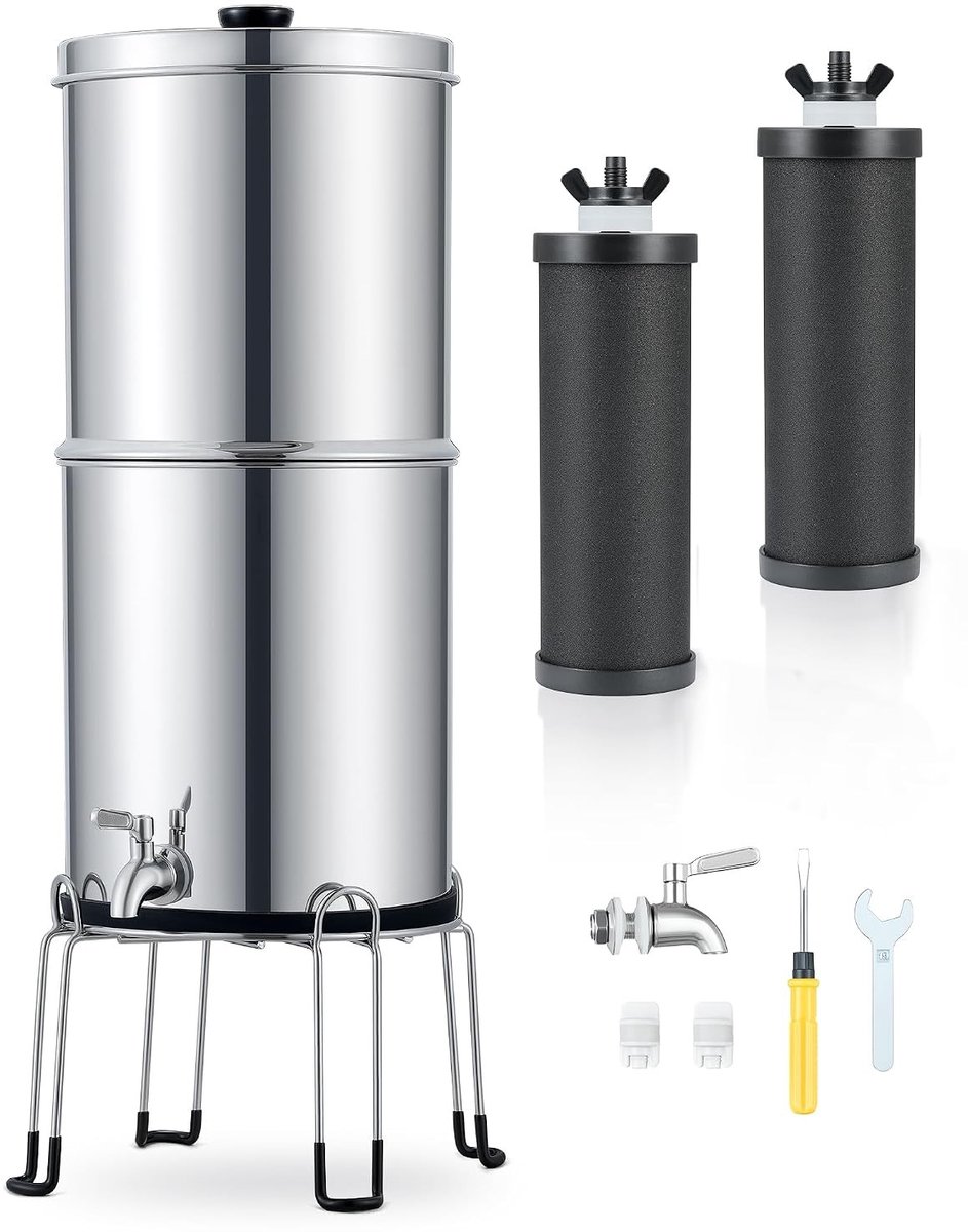 8.5L Gravity Water Filter Systeem - RVS Waterfilter met 2 Koolstoffilters, Houder en Kraan, NSF/ANSI 42 Goedkeuring, Ideaal voor Thuisgebruik en Gezond Drinkwater