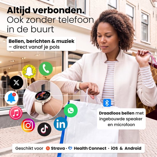 Dames horloge met diverse app-iconen, notificaties en een vrouw die haar horloge bekijkt.