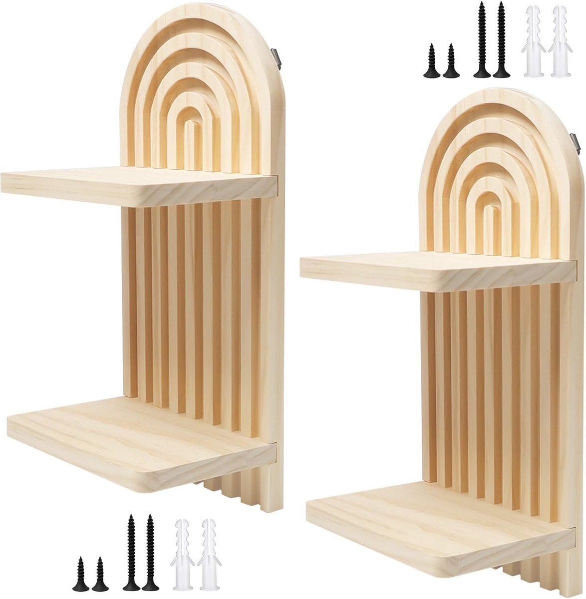 Boho Wanddecoratie met 2 Laags Houten Planken voor Kantoor, Badkamer en Woonkamer - Drijvende Planken en Regenboog Ontwerp
