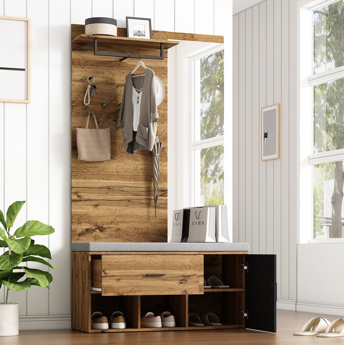Wishdor Garderobeset - Spiegel en schoenenbank - Met kledinghaken, kledingstang en opbergruimte - Modern - Hal entree - Houtlook - Eiken - 104 x 39 x 190 cm