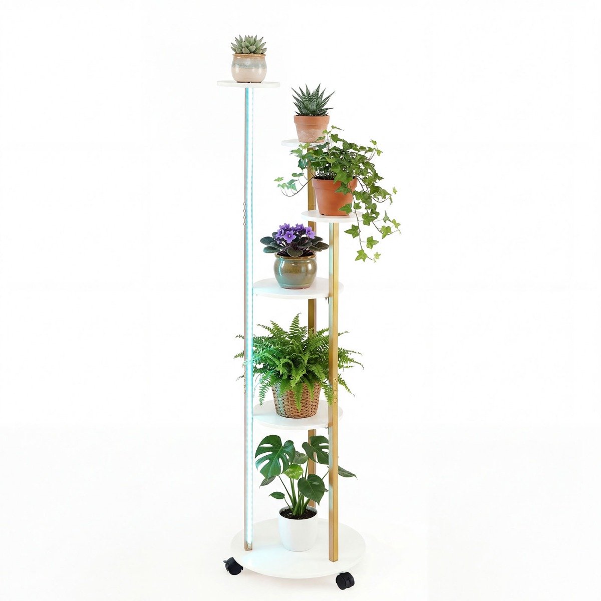 SureDeal® - Tuinier - Plantenrek - Verdiepingen Wieltjes - Kleurige Ledverlichting - Afstandsbediening Wit - 45x43x146,5 cm - Wit