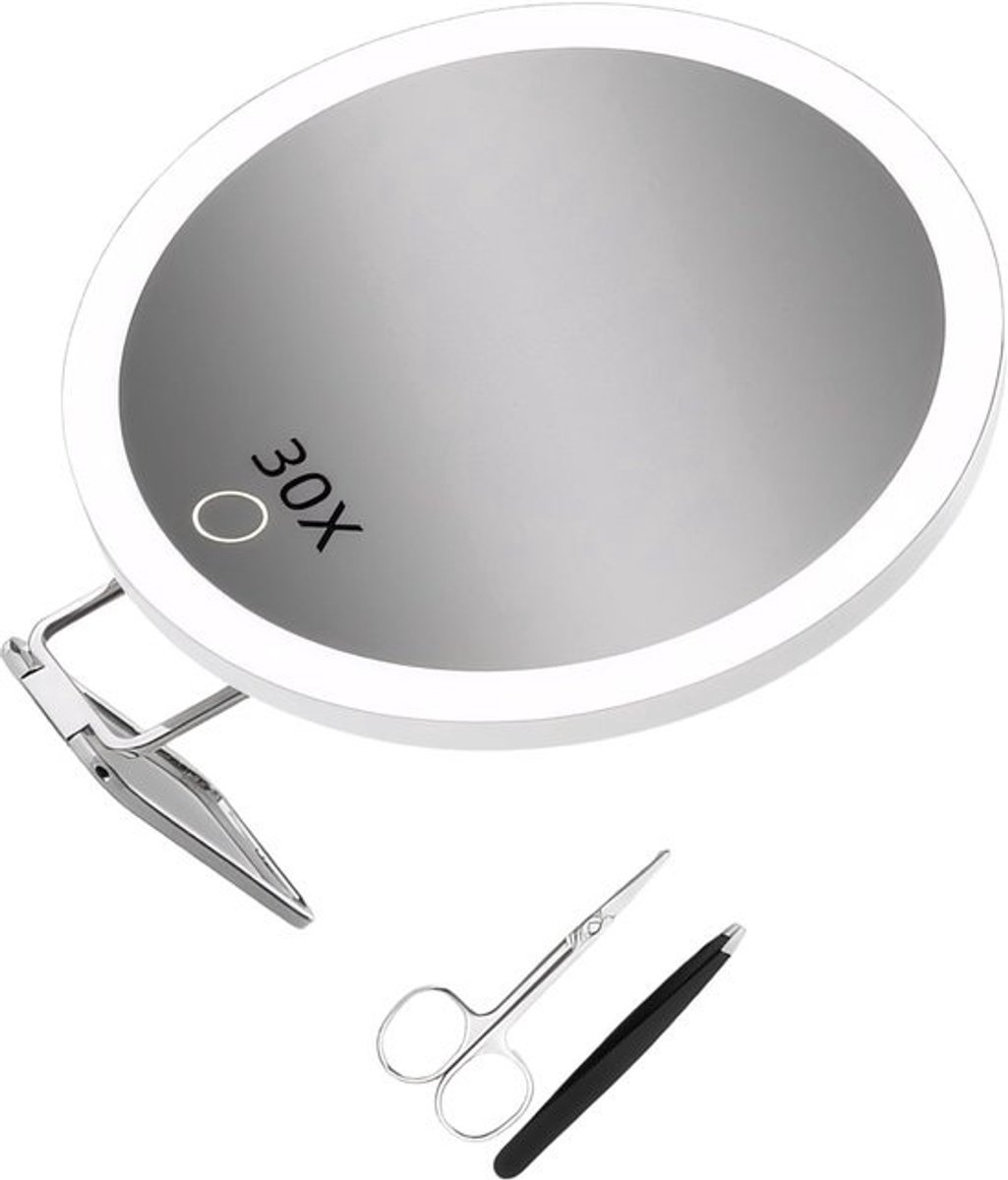 Vergrootspiegel Met Licht - Make-up Spiegel - Gedetailleerde Make-up - 30x Vergroting 3 Kleuren - 15 cm Diameter - Wit