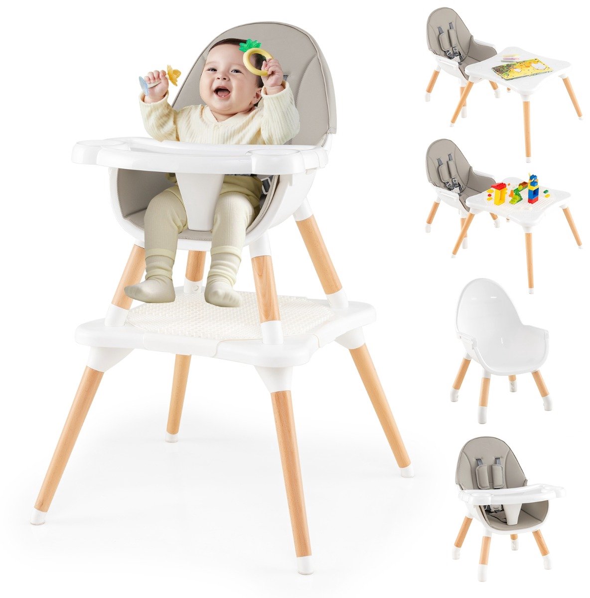 SureDeal® - Hoge kinderstoel - Stoel - Baby - Peuters Convertible Tafel - Bouwsteentafel Grijs - 62x62x100 cm - Grijs