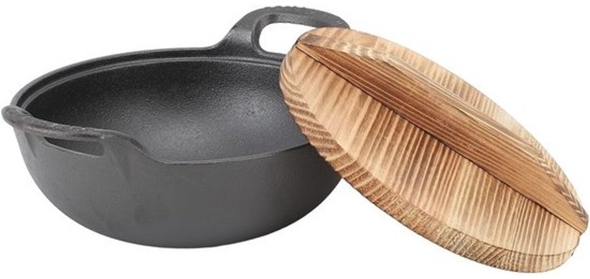 Traditionele Gietijzeren Wokpan met Houten Deksel 20cm - Ideaal voor Inductie, Elektrisch en Gas