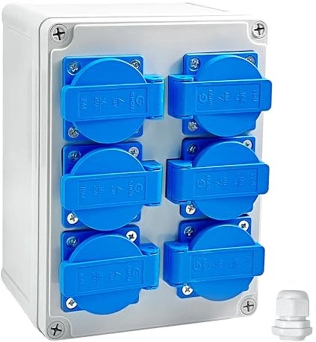 Wandverdeler 6 x 220 V, waterdicht IP54, vlamvertragend, opbouwverdeler voor binnen en buiten