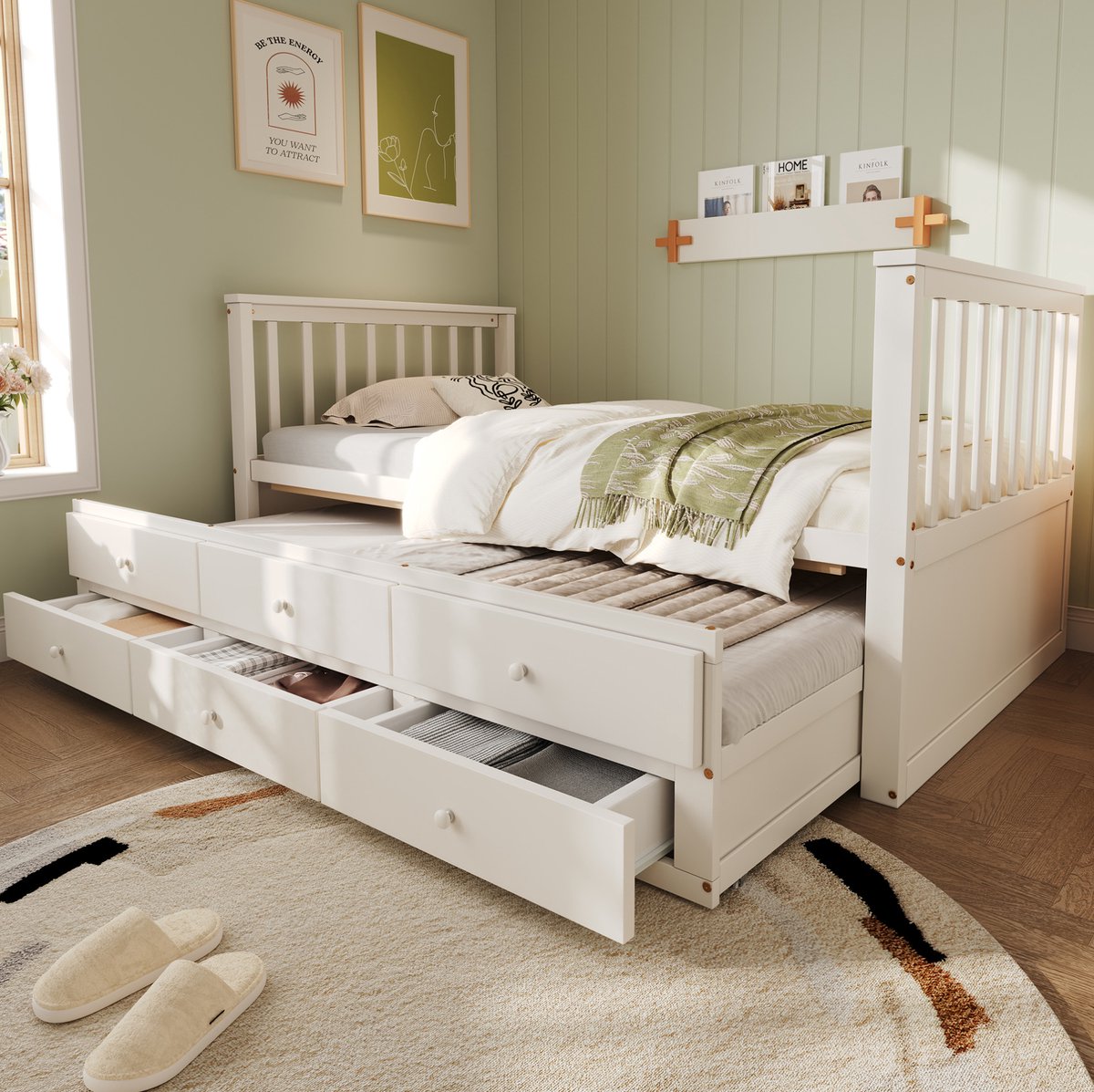Wishdor Bed 90x200 cm - Met uitschuifbed en 3 lades - Kinderbed met lattenbodem - Wit - Hout en MDF - 204,5 x 96 x 90 cm