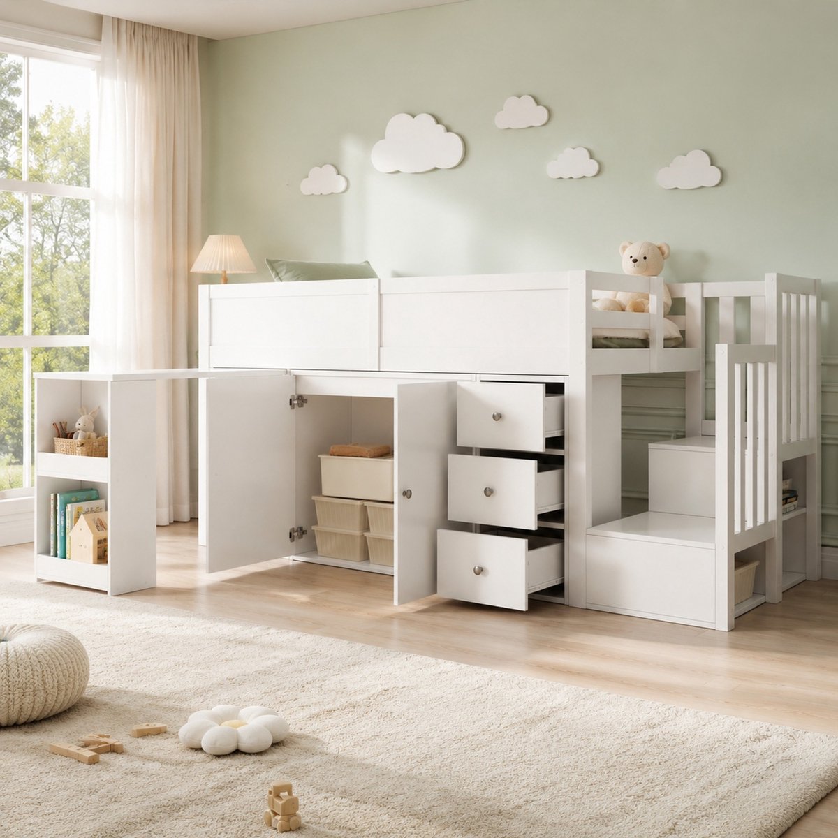 Wishdor Kinderhoogslaper 90x200 cm - Met bureau en opbergruimte - Met lades en trapkast - Wit MDF - Voor kinderkamer en leren spelen - 250 x 95 x 111 cm