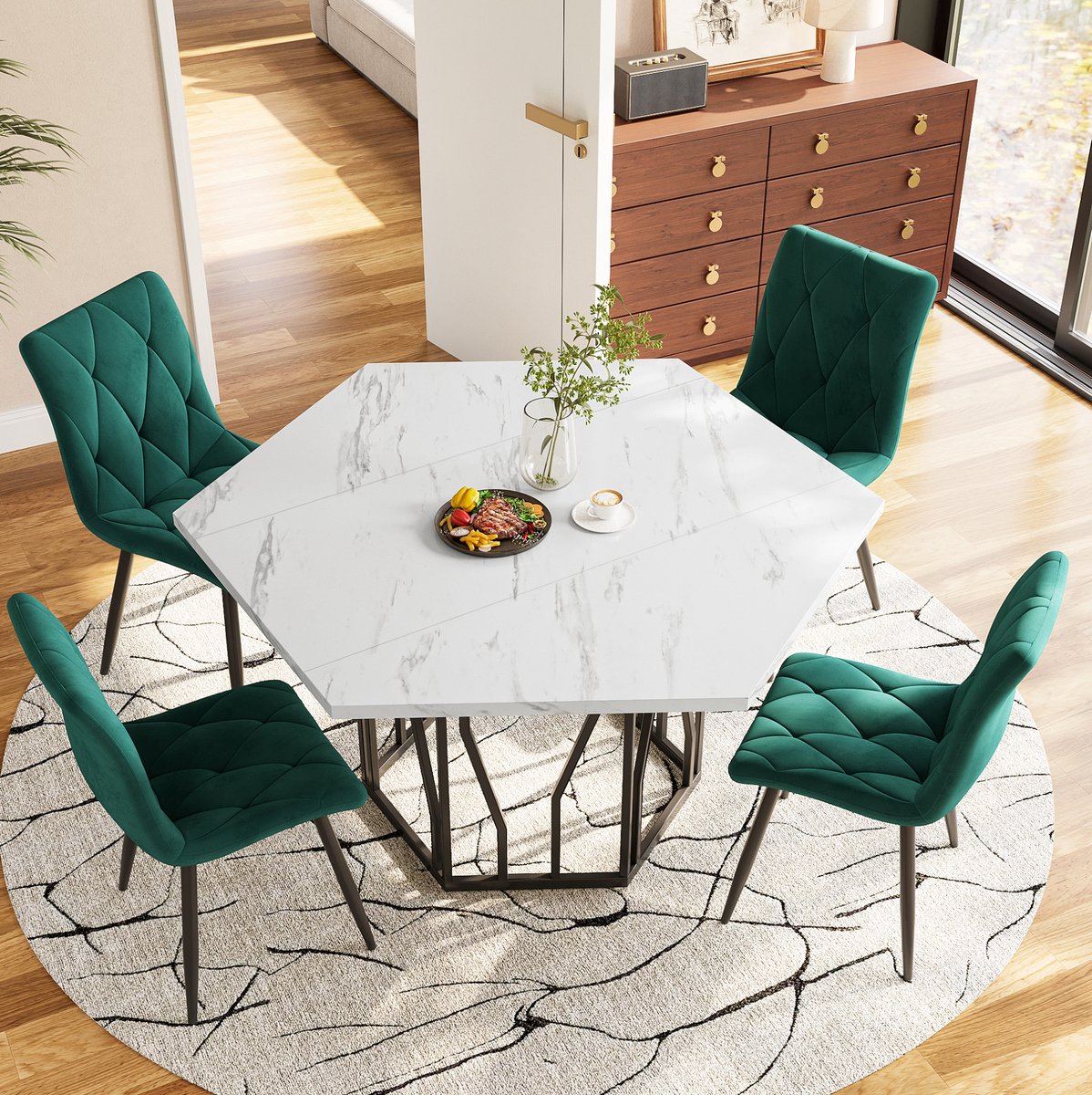Wishdor Set tafel en stoelen - Zeshoekige eettafel met 4 stoelen - Modern design - Marmerlook en groen fluweel - Zwart metaal - 115,5 x 100 x 75 cm