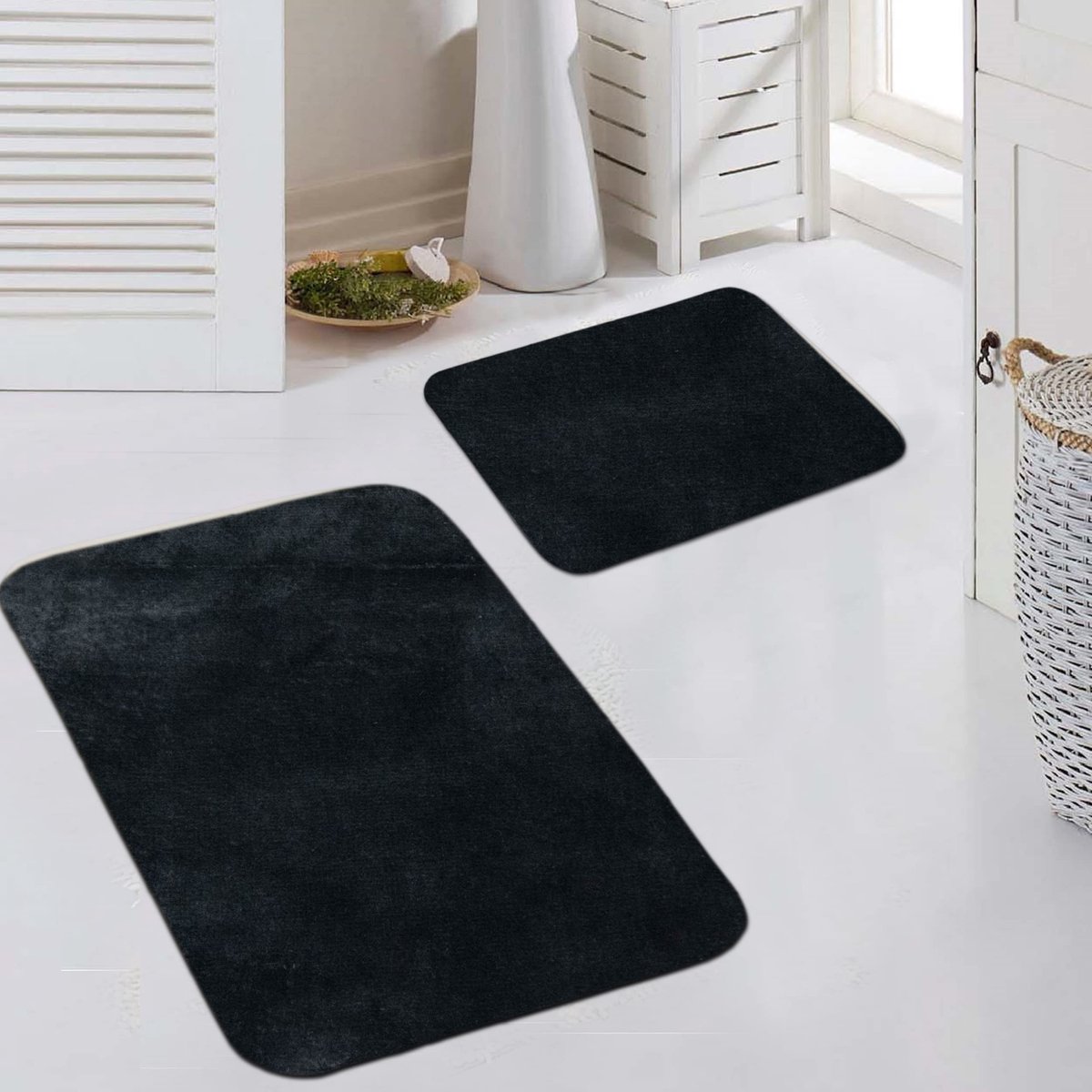 Famanu – Badmat set van 2, wasbare antislip wc-tapijt in zwart, afmetingen 50 x 60 cm en 60 x 100 cm