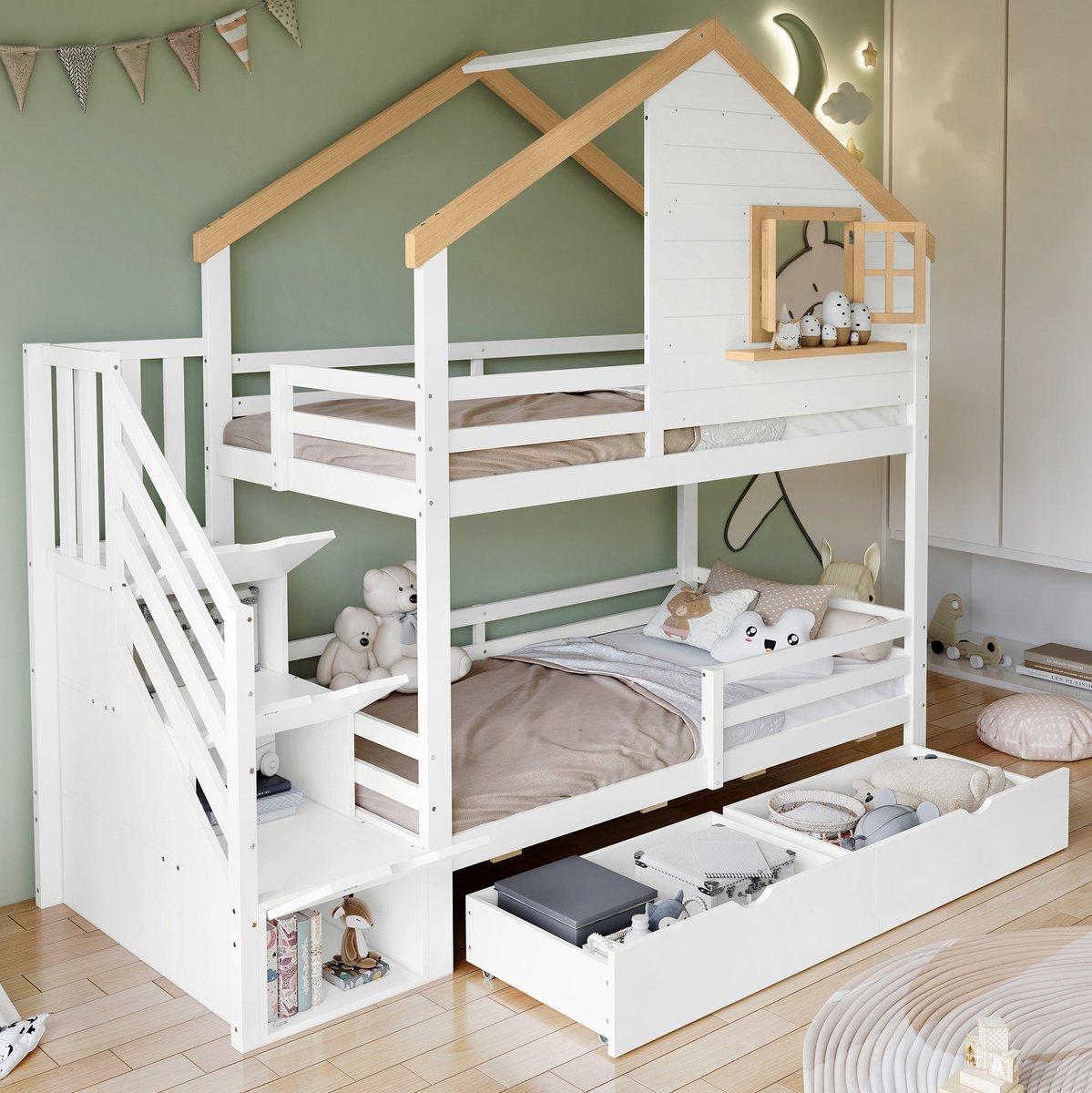 Wishdor Stapelbed 90x200 cm - Huisvorm met raam en opberglades - Trap met lades en uitvalbeveiliging - Wit natuur - Voor kinderkamer