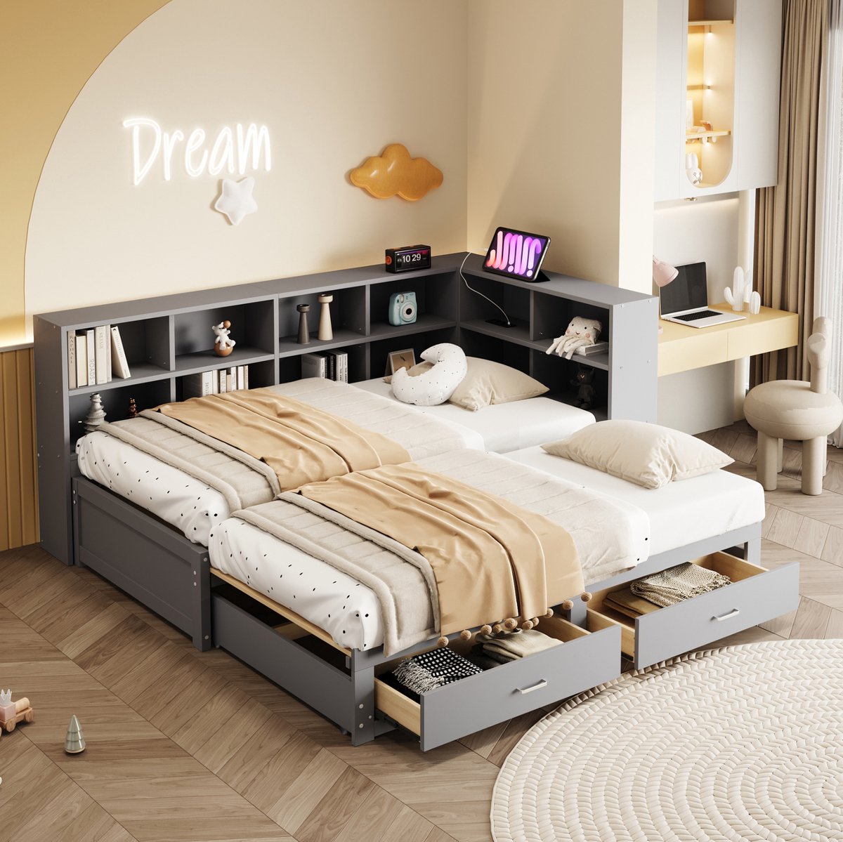 Wishdor Bed 180x190 cm - Uitschuifbaar eenpersoons naar tweepersoons - Opbergruimte en laden - Multifunctionele stekkerdoos - Modern - Hout en MDF - Grijs