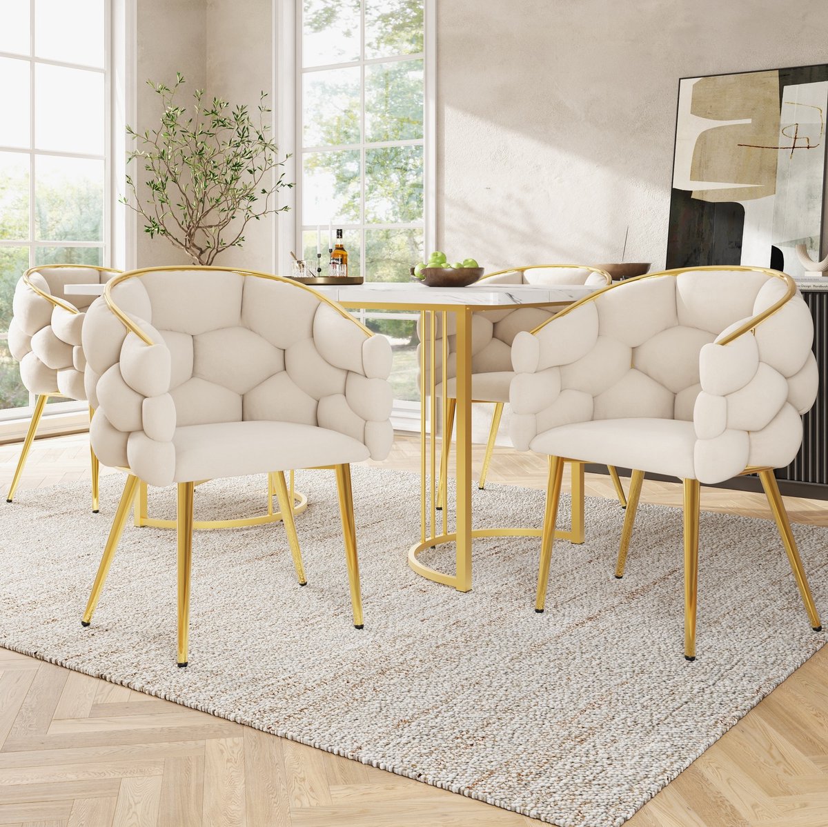 Wishdor 5-delige eetkamerset - 4 stoelen en rechthoekige eettafel - Marmerlook blad en gouden metalen poten - Modern - Eetkamer keuken - Beige goud wit - 140 x 80 x 75 cm