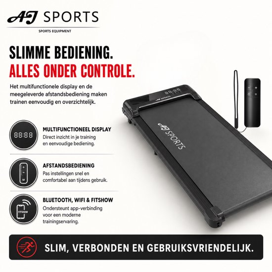 Zwarte AJ-Sports loopband met multifunctioneel display en afstandsbediening voor eenvoudige bediening.