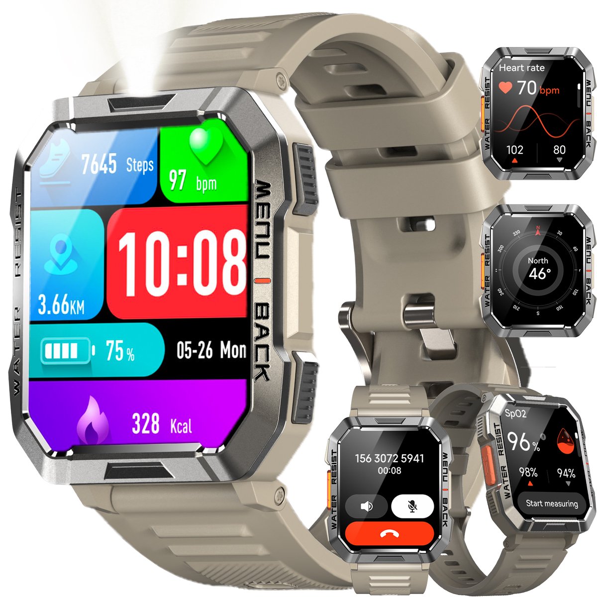 Blackview Outdoor Smartwatch W60 - Square Smart watch Heren- Robuust Smartwatches Dames - Sport Horloge - Zaklamp | Kompas | Gezondheidsmonitor | Bluetooth Bellen Hartslagmeter | Saturatiemeter - Geschikt voor Android en iOS - Khaki