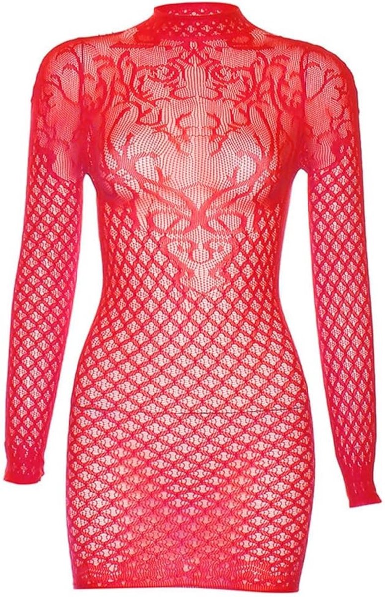 Verleidelijke erotische lingerie voor dames, lange mouwen netbody, perfect voor romantische avonden, feestdagen of speciale gelegenheden (rood)