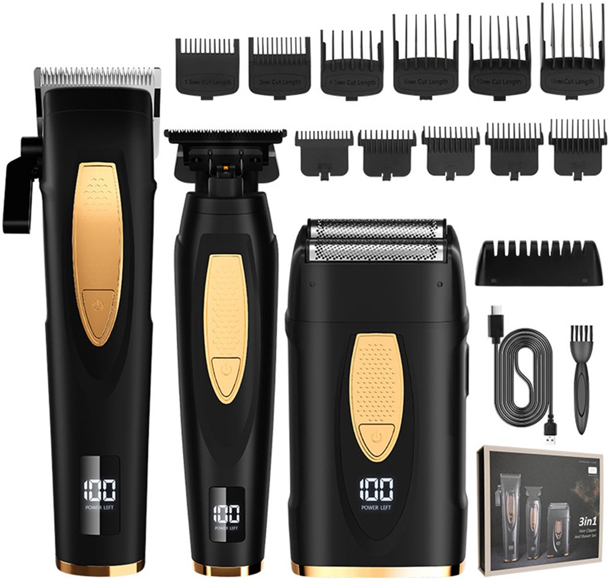 MODFU Tondeuse & Trimmer Set – 3-in-1 met Scheerder – 11 Opzetkammen – LED-display – R-vormig Mes – 3D Zwevend Scheerhoofd – USB-oplaadbaar – Zwart
