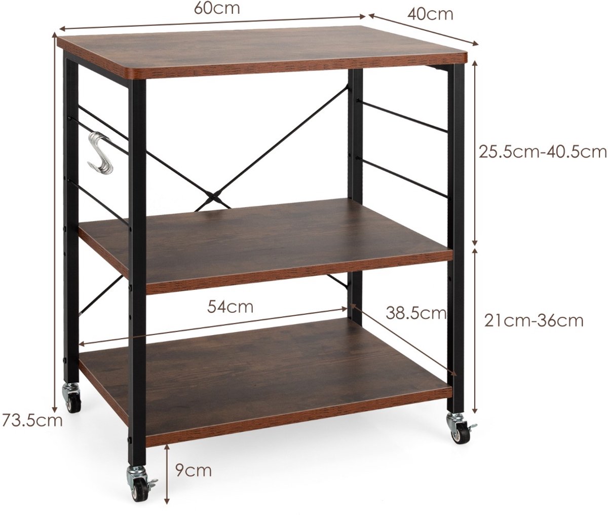 SureDeal® - Keukentrolley - Laags Bakkersrek Keukengerei - Afneembare Haken Metalen - Vergrendelbare Wielen - 60x40x73,5 cm - Koffiebruin
