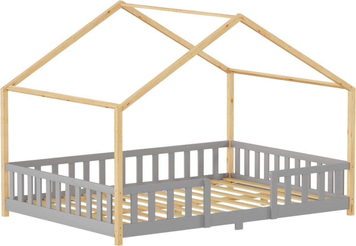 Kinderbed Treviolo huisbed 140x200 cm lichtgrijs en naturel [en.casa]