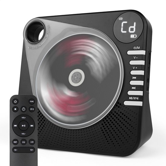 Zwarte draagbare CD-speler met Bluetooth en afstandsbediening.
