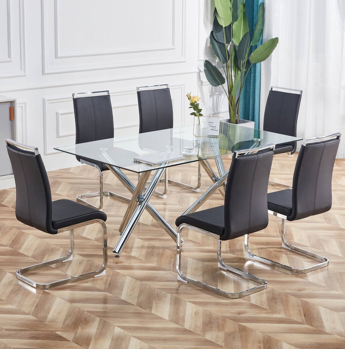 Wishdor Eetkamerstoel set van 4 - Freischwinger met hoge rugleuning en comfortabele kunstleren bekleding - Verchroomd metaal - Zwart - 100 x 42 x 54 cm