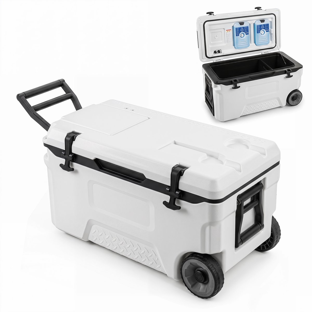 SureDeal® - Kamper - Koelbox - Grote Thermobox Kunststof - Wieltjes - Handgreep Isolatiebox - Afvoerstop - 74,5x41x40,5 cm - Wit