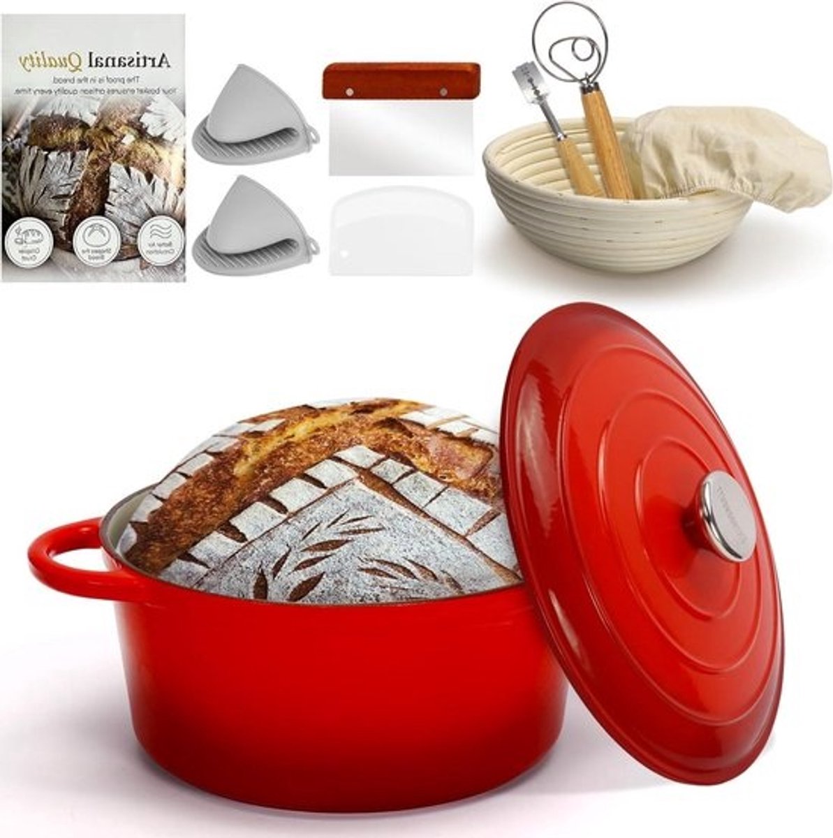 Gietijzeren Broodoven - Dutch Oven Broodbakken - Zelf Brood Bakken - Gelijkmatige Warmteverdeling - 5 Liter - Rood