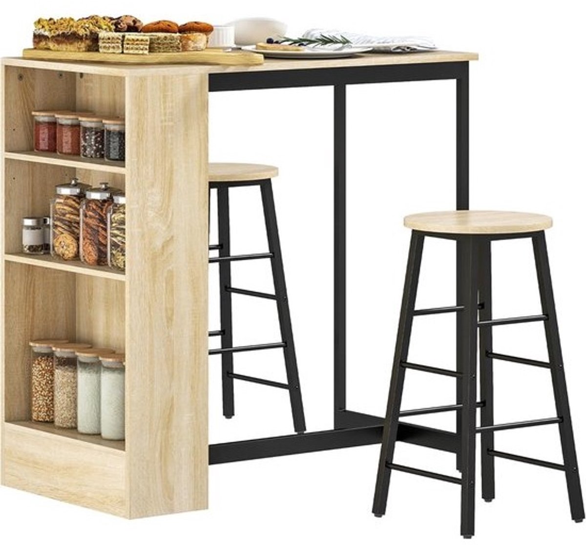Bartafelset met krukken - Verstelbare bartafel met open vakken en voetensteun, ideaal voor keuken en eetkamer