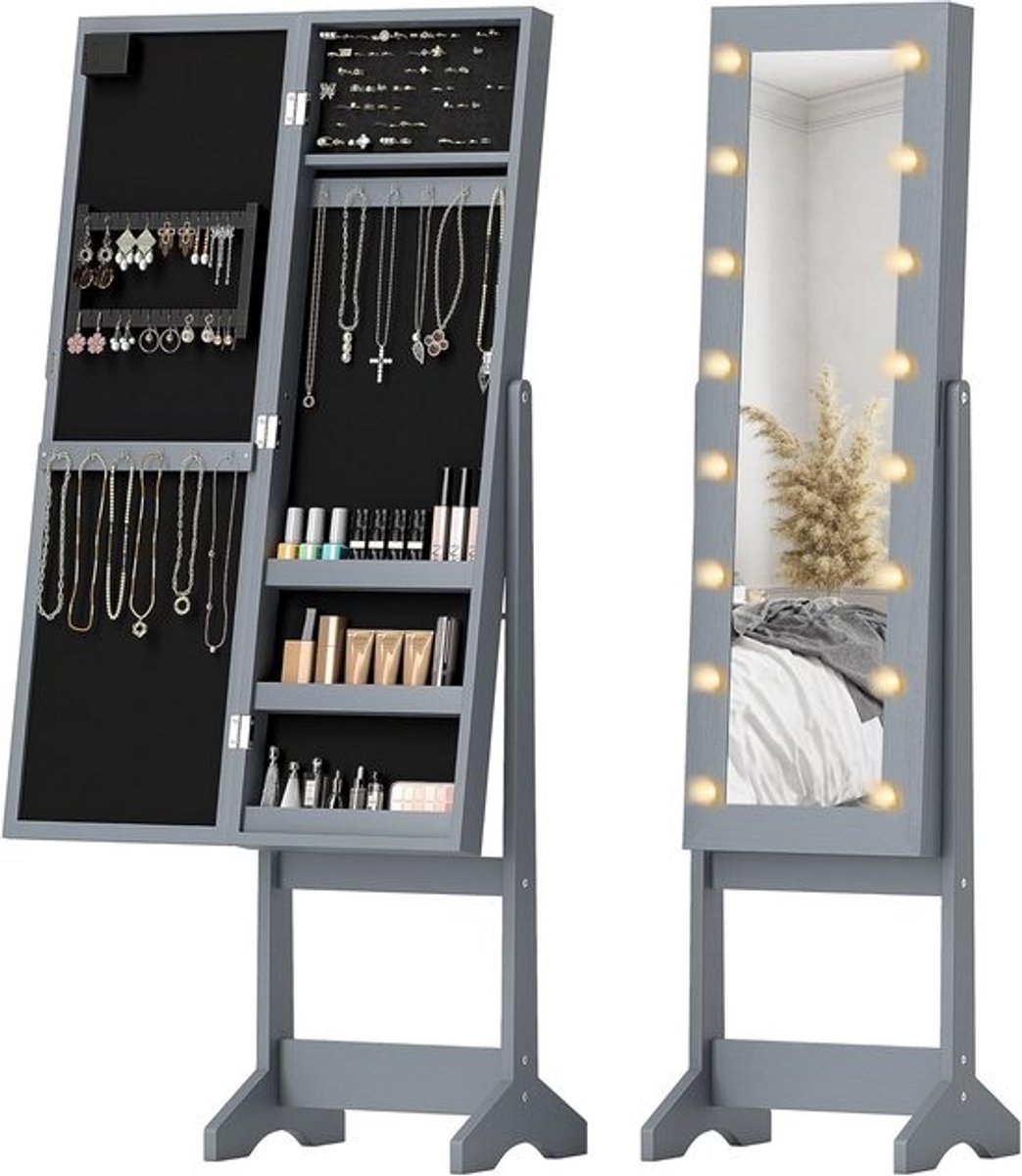 Vrijstaande spiegelkast met LED-verlichting en opbergruimte voor sieraden en make-up