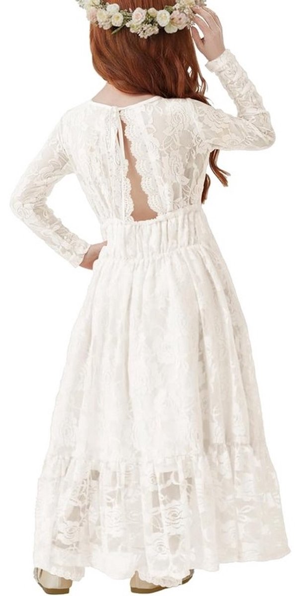 Lange Kanten Maxi Jurk met Rugloos Design voor Meisjes - A-Lijn Bloemenkant Jurk voor Bruiloft, Doop & Communie