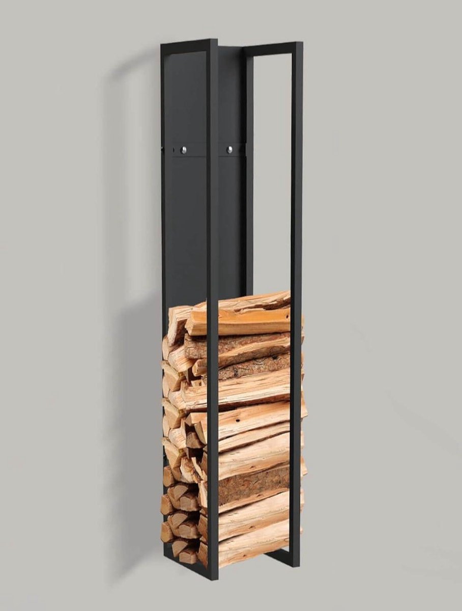 Brandhoutrek met achterwand - Houtopslag rek - Haardhout bewaren - Modern design - 120 cm hoog - Zwart