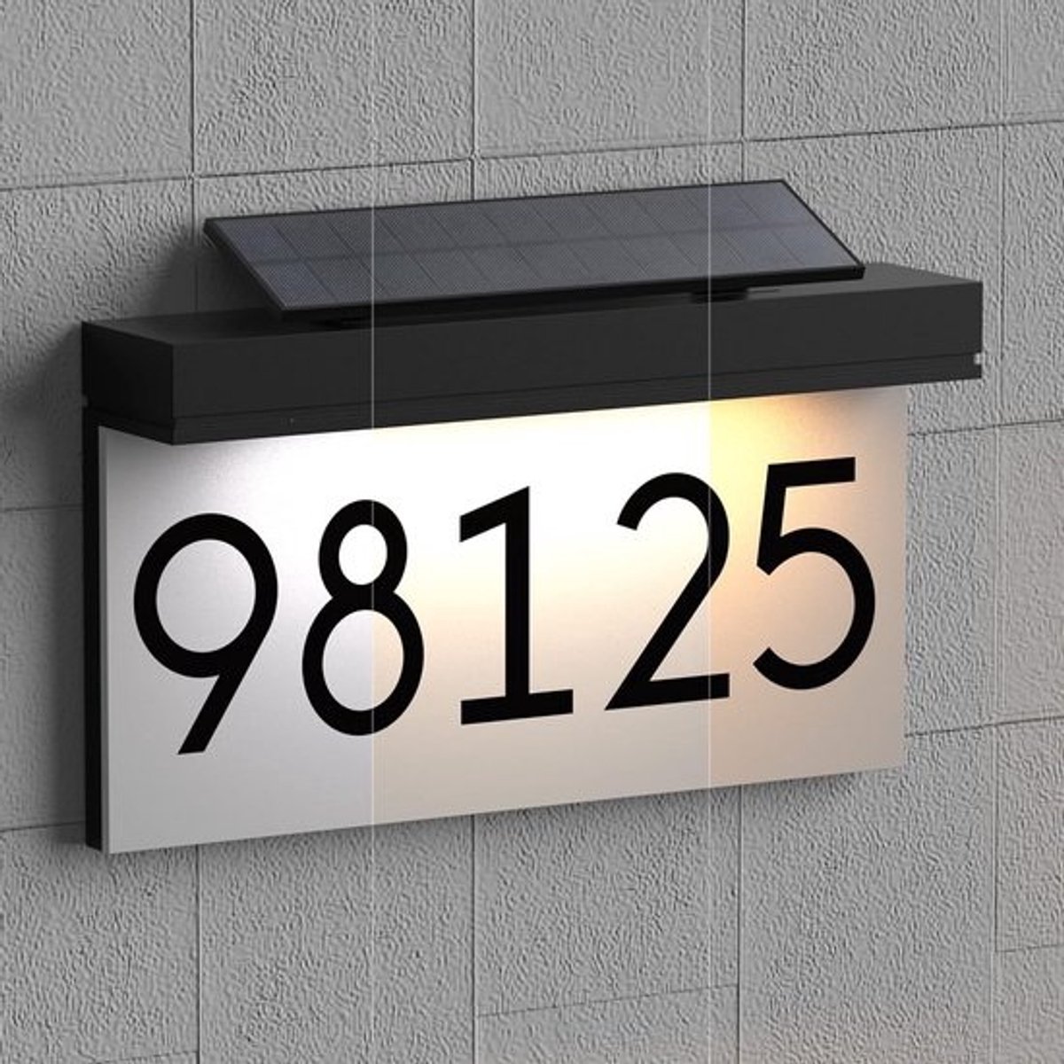 Verlicht Huisnummer Bord met Zonnepaneel - 3 Kleuren LED, Waterdicht Buitenbord