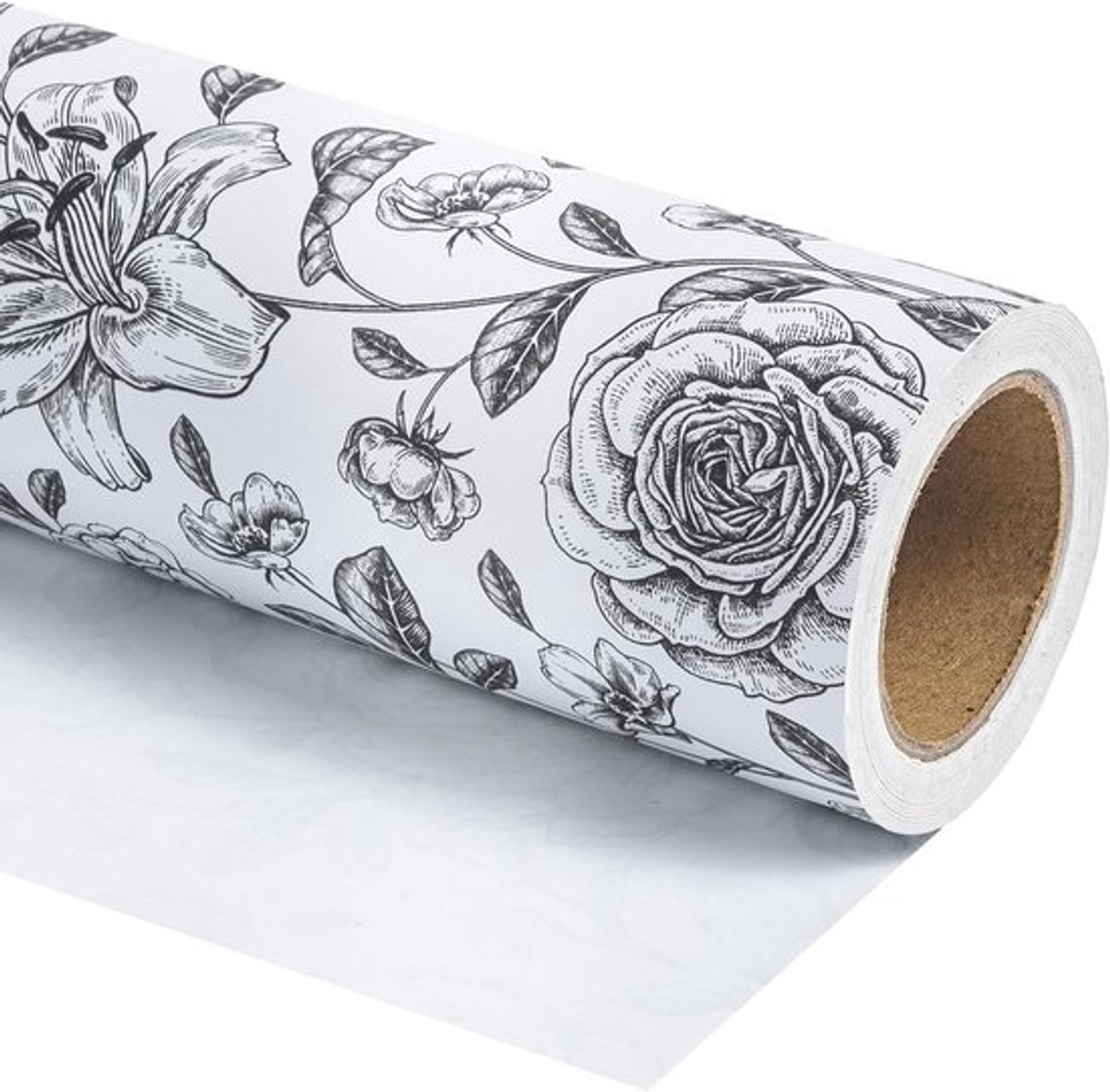 Inpakpapier rol - Kraft papier - Cadeaus versieren - Vintage bloemenprint - 47 cm breed - Zwart-wit