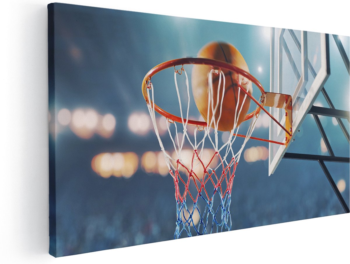 Artaza Canvas Schilderij Basketbal in Ring - Hoepel - Bord - 180x90 cm - Groot - Wanddecoratie Woonkamer - Schilderijen - Muurdecoratie