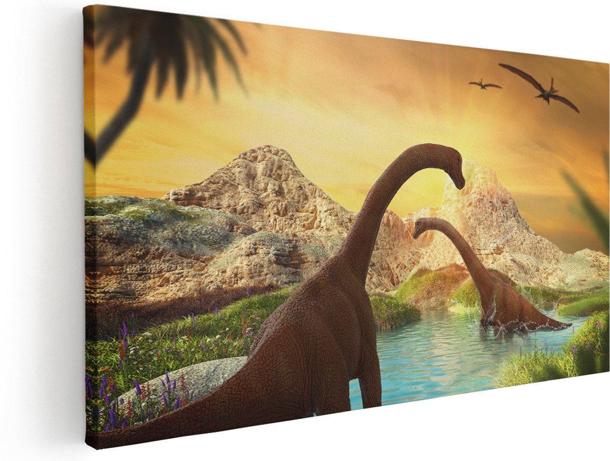 Artaza Canvas Schilderij Dinosauriërs in het Water - Dino's - 180x90 cm - Groot - Wanddecoratie Woonkamer - Schilderijen - Muurdecoratie