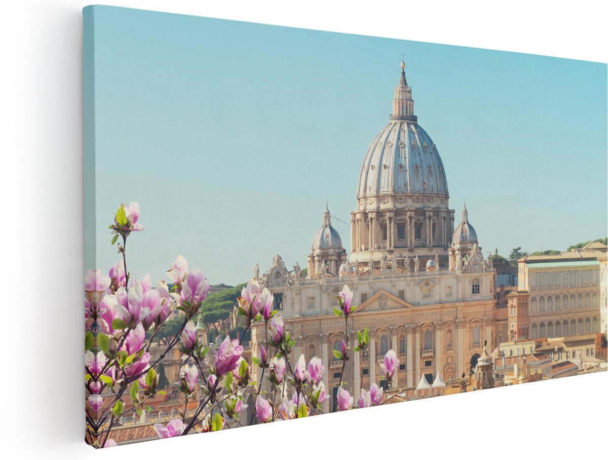 Artaza Canvas Schilderij Sint Pietersbasiliek in Rome met Bloemen - 180x90 cm - Groot - Wanddecoratie Woonkamer - Schilderijen - Muurdecoratie