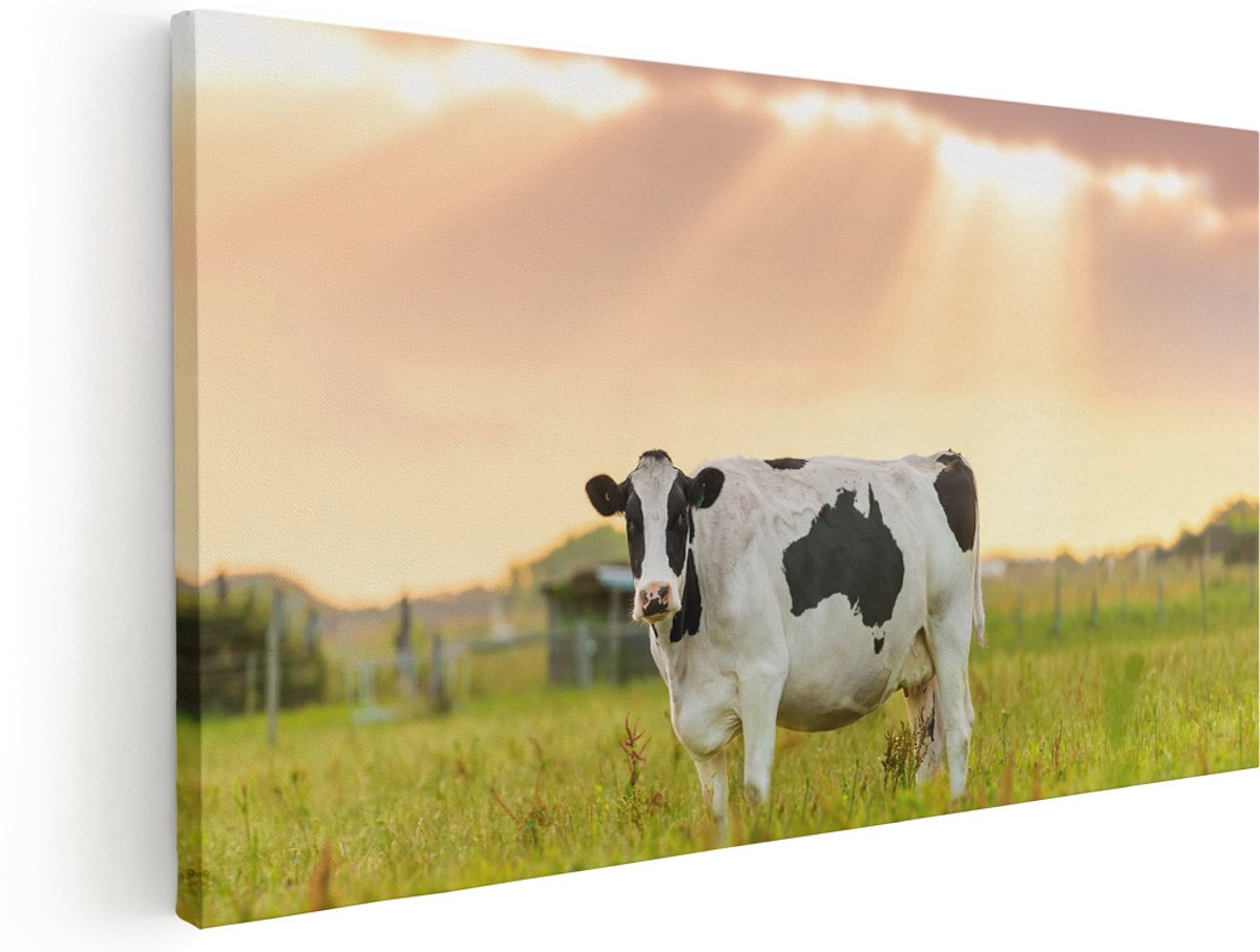 Artaza Canvas Schilderij Zwart Wit Koe In De Wei Bij Zonsopkomst - 180x90 cm - Groot - Wanddecoratie Woonkamer - Schilderijen - Muurdecoratie