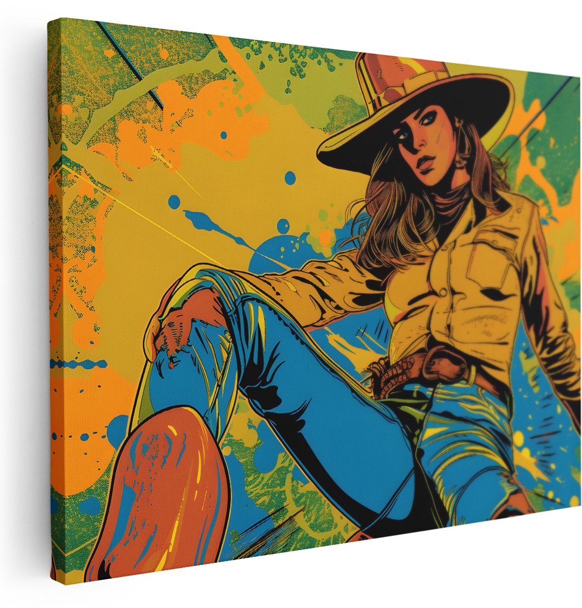 Artaza Canvas Schilderij Cowgirl - 160x120 cm - Groot - Wanddecoratie Retro - Muurdecoratie Vrouw - Pop Art Schilderijen Op Canvas - Kleurrijk