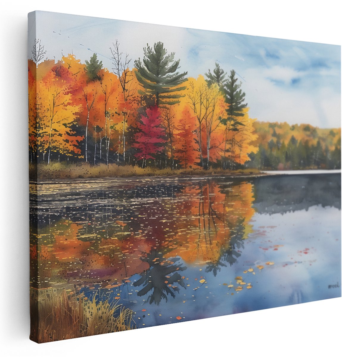 Artaza Canvas Schilderij Herfstbos - 160x120 cm - Groot - Wanddecoratie Landschap - Muurdecoratie Bomen - Decoratie Natuur Aquarel