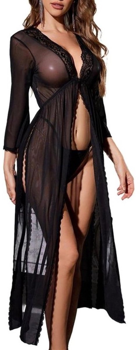 Allecto Plus - Dames lingerie nachtjurk kant V-hals met zijsplit en tanga - Elegant en comfortabel