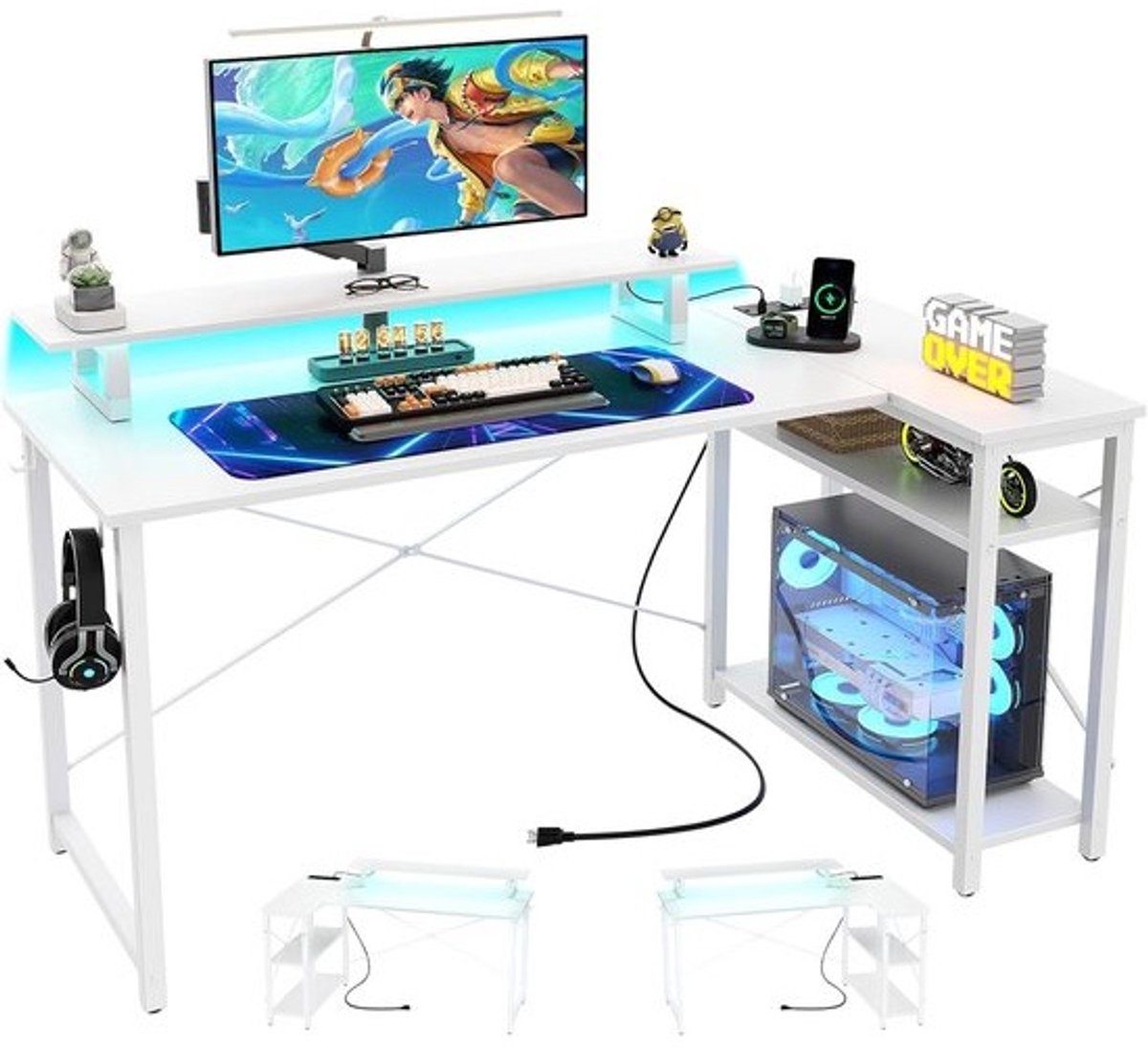 47 inch Gaming Bureau met RGB LED Verlichting en Stopcontacten - Wit