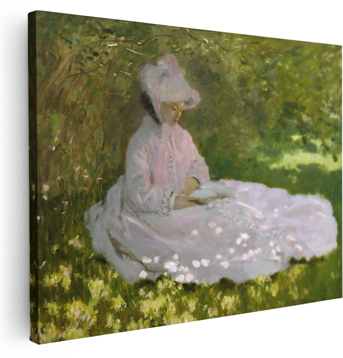 Artaza Canvas Schilderij Vrouw - 160x120 cm - Groot - Wanddecoratie Monet - Muurdecoratie Impressionisme - Decoratie Lente - Roze