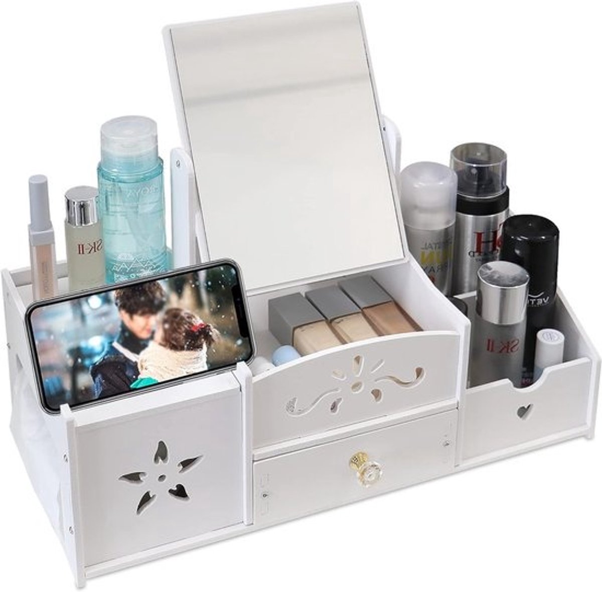 Cosmetica-organizer met spiegel en lade, multifunctioneel PVC model voor make-up en verzorgingsproducten, ruim opbergvak voor badkamer en slaapkamer