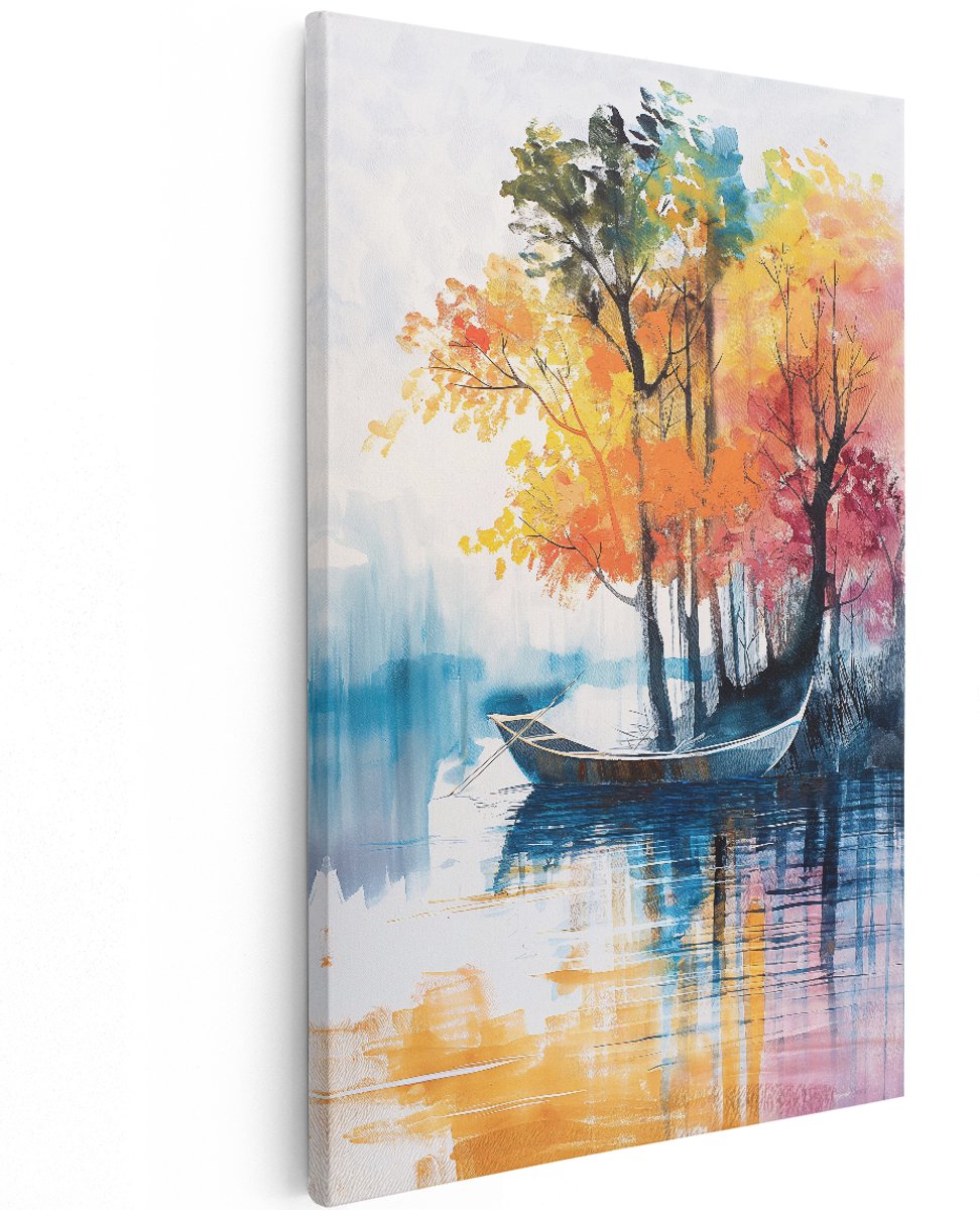 Artaza Canvas Schilderij Herfstlandschap - 120x180 cm - Groot - Wanddecoratie Natuur - Muurdecoratie Bootje Op Meer - Decoratie Bomen Aquarel