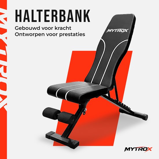 Zwarte halterbank met witte biezen, "Mytrox" logo op de rugleuning. "HALTERBANK" tekst.