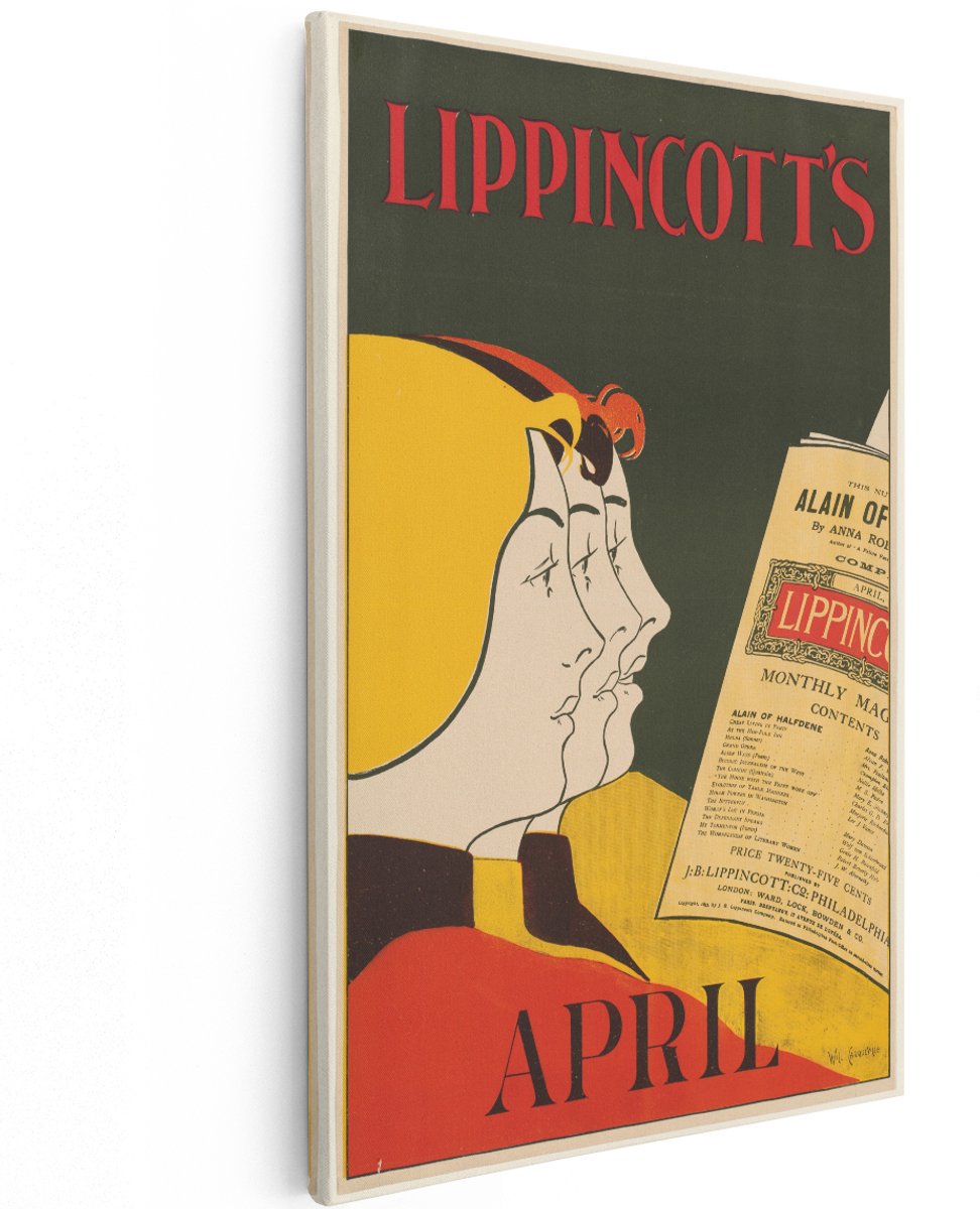 Artaza Canvas Schilderij Vintage Poster - 120x180 cm - Groot - Wanddecoratie Lippincott'S Magazine - Muurdecoratie Vrouw - Decoratie Retro Art Nouveau
