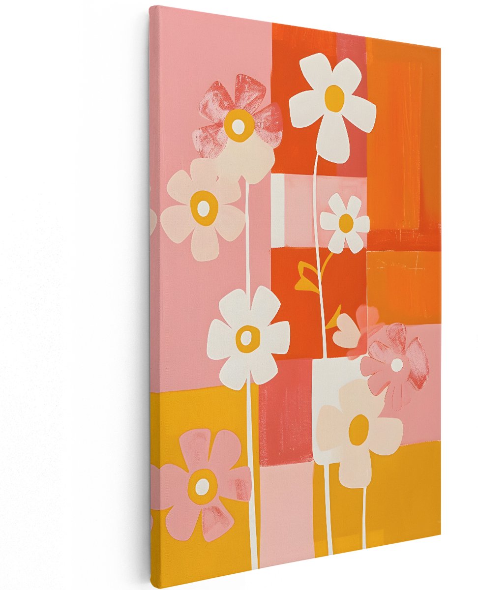 Artaza Canvas Schilderij Bloemen Abstract - 120x180 cm - Groot - Wanddecoratie Bloemen - Muurdecoratie Kleurrijk - Decoratie Retro Roze