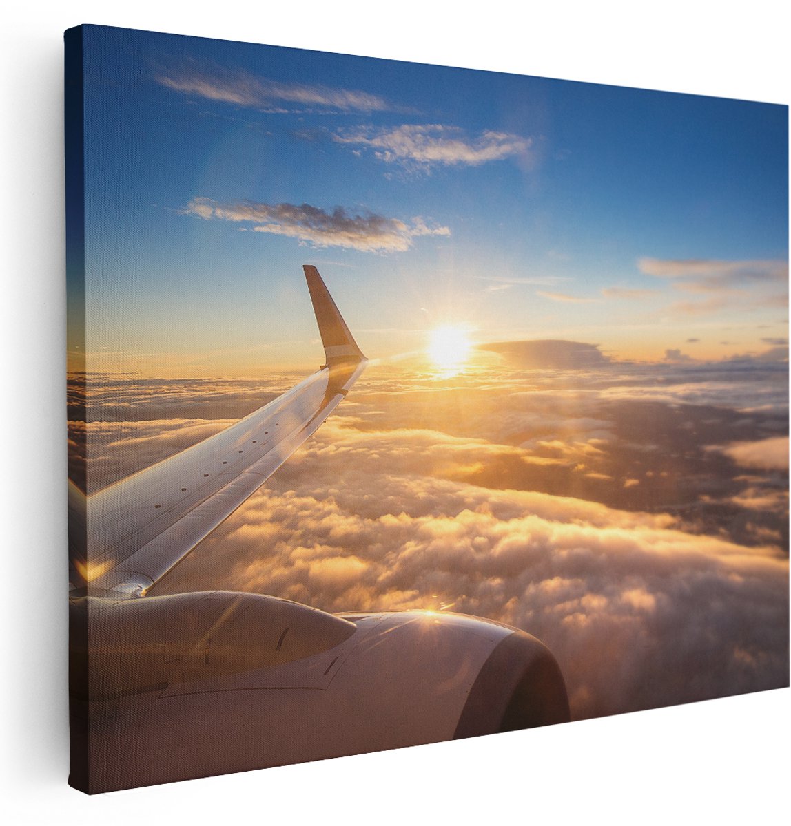 Artaza Canvas Schilderij Vliegtuig In De Lucht Met De Zon - 160x120 cm - Groot - Wanddecoratie Woonkamer - Schilderijen - Muurdecoratie