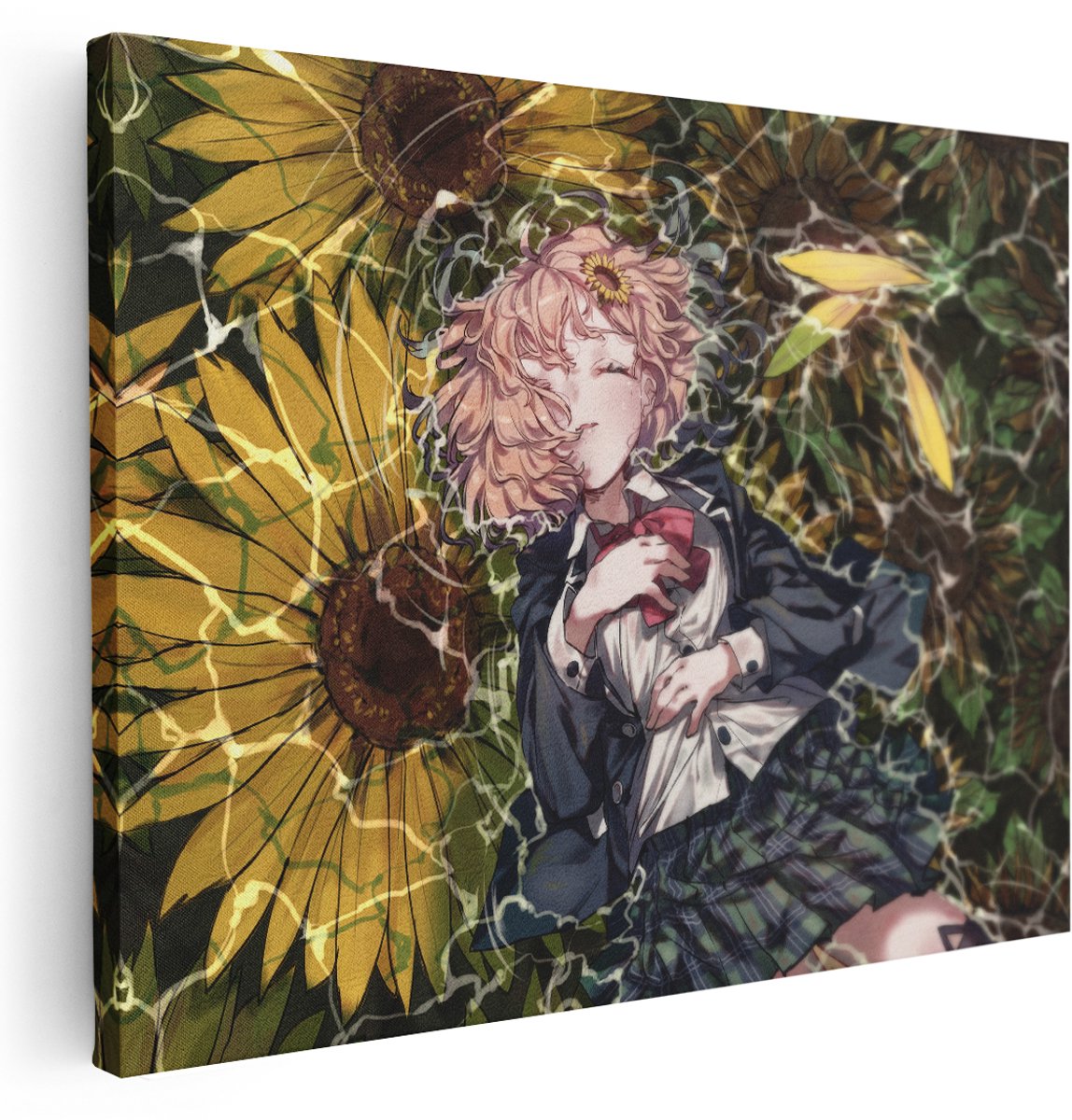 Artaza Canvas Schilderij Schilderij Meisje - 160x120 cm - Groot - Wanddecoratie Bloemen - Muurdecoratie Anime Zomer - Kamer Accessoires Zonnebloem